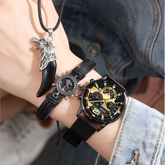 3PCS Fashion Men Calendar Watches Luxury Men Business Steel Mesh Belt Quartz Wristwatch Leather Bracelet Necklace Watch