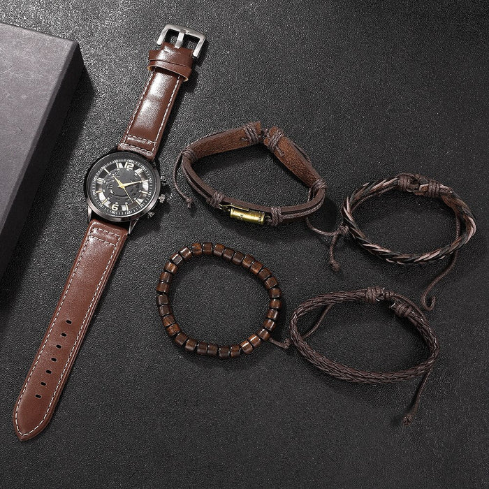 Hollow Out Men Watch Luxury Bracelet Set Fashion Business Brown Leather Quartz Wrist Watches for Men