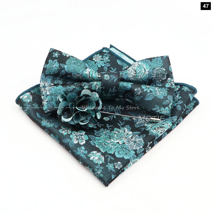 Blue Floral Pocket Square Set Bowtie Cufflink Brooch For Weddings