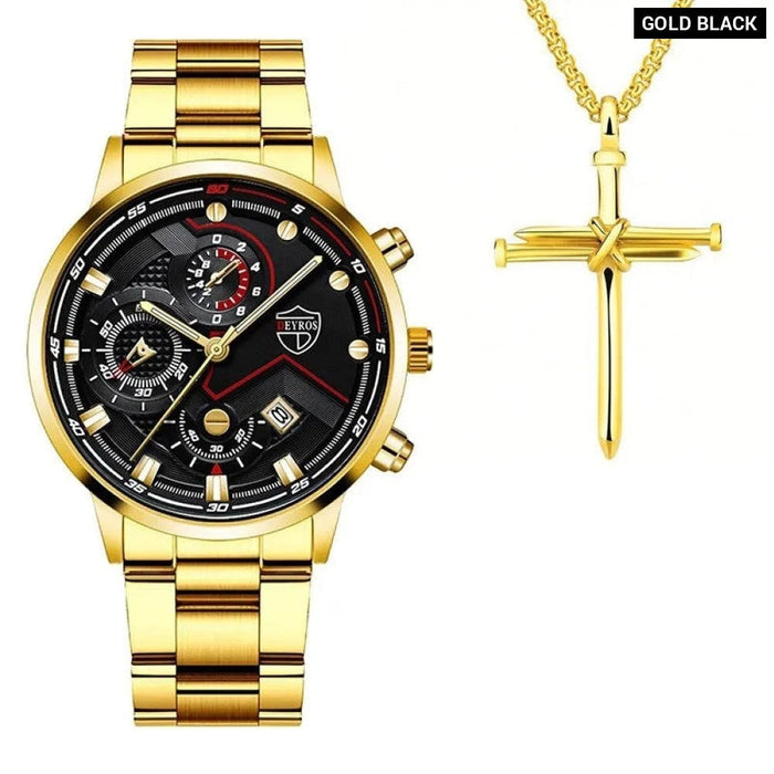 2PCS Fashion Mens Necklace Watches Set Men Business Calendar Stainless Steel Quartz Watch Male Casual Sports Wristwatch