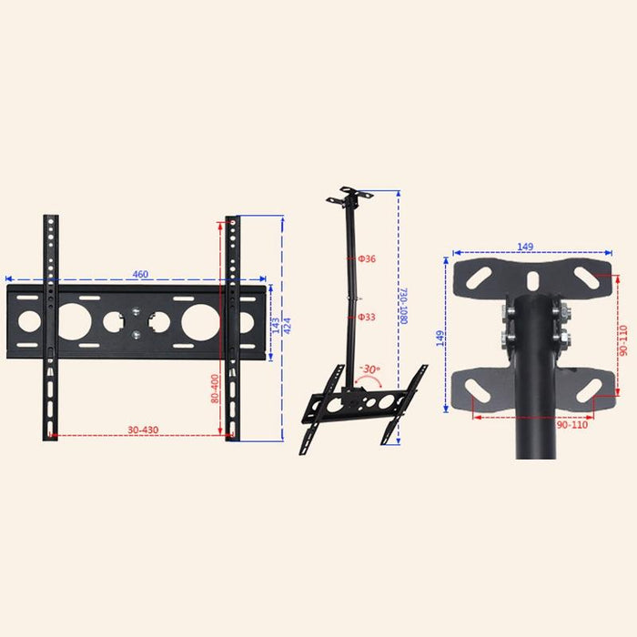 32-70 Inch Universal Height & Angle Adjustable Single Screen Tv Wall-Mounted Ceiling Dual-Use Bracket - Range 0.5-2M