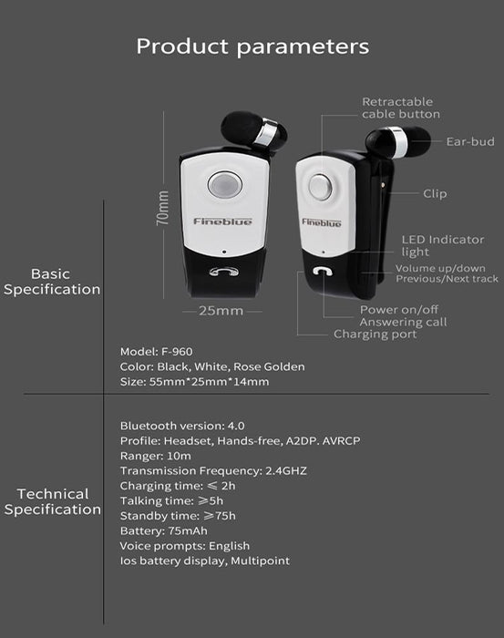 F960 Csr4.1 Retractable Cable Caller Vibration Reminder Anti-Theft Bluetooth Headset