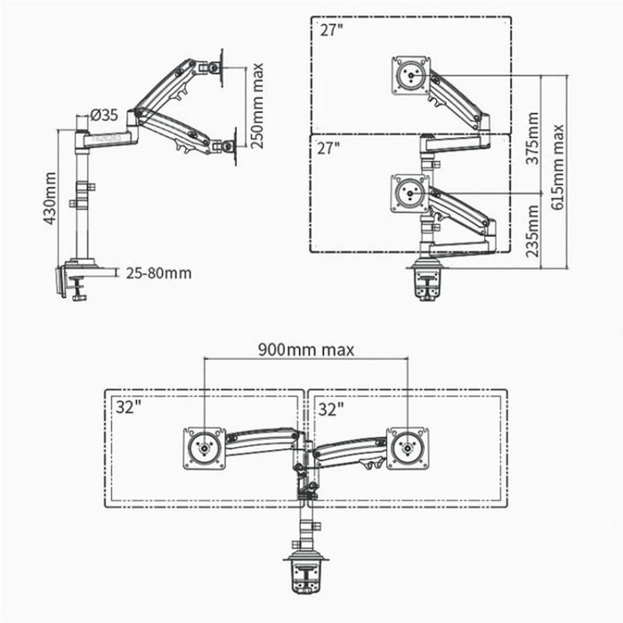 Laptop Gas Spring Full Motion Dual Arm Clamp 22 - 32 Inch