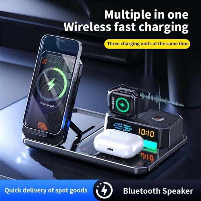 5 In 1 Magnetic Wireless Charger Stand With Clock & Speaker