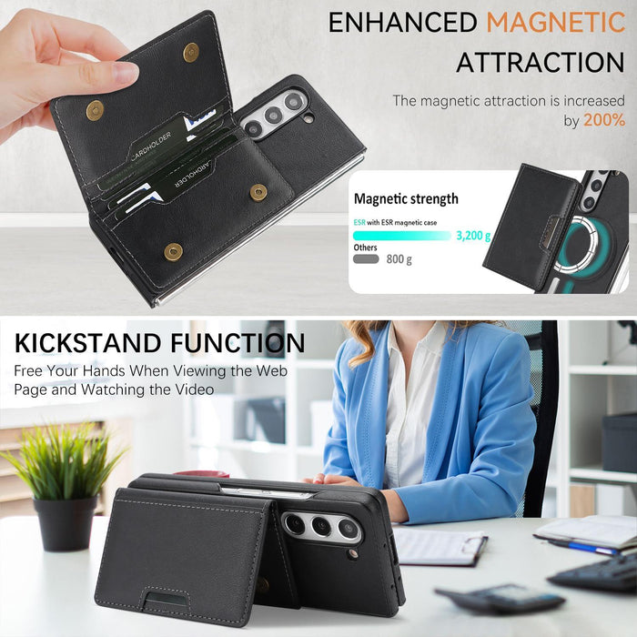 For Samsung Galaxy Z Fold7 5G Kalebol Strong Magnetic Magsafe 2-Fold Ring Magnetic Card Case Leather Side Sticker Phone Case