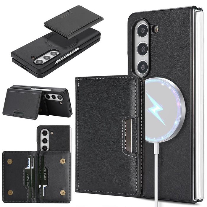 For Samsung Galaxy Z Fold7 5G Kalebol Strong Magnetic Magsafe 2-Fold Ring Magnetic Card Case Leather Side Sticker Phone Case