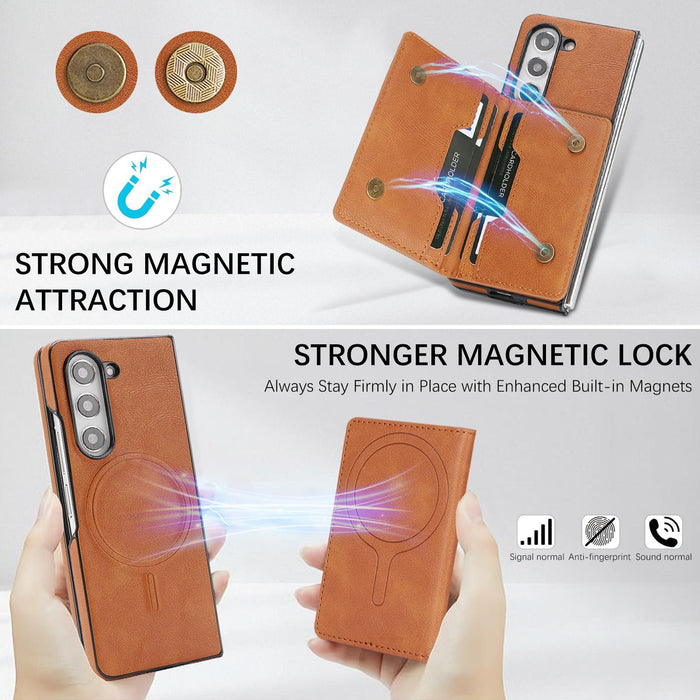 For Samsung Galaxy Z Fold7 5G Kalebol Strong Magnetic Magsafe 2-Fold Ring Magnetic Card Case Leather Side Sticker Phone Case
