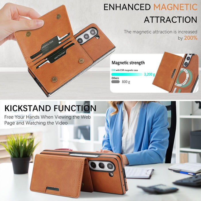 For Samsung Galaxy Z Fold7 5G Kalebol Strong Magnetic Magsafe 2-Fold Ring Magnetic Card Case Leather Side Sticker Phone Case