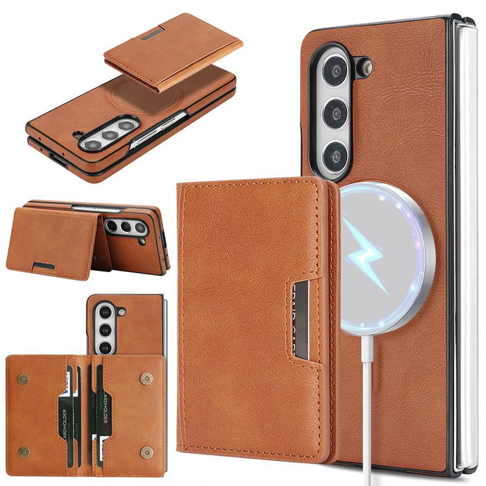 For Samsung Galaxy Z Fold7 5G Kalebol Strong Magnetic Magsafe 2-Fold Ring Magnetic Card Case Leather Side Sticker Phone Case