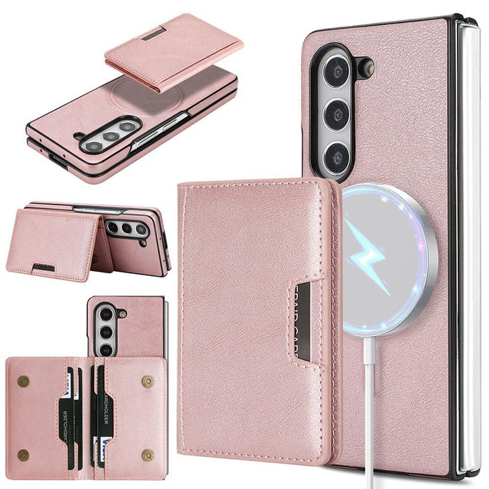 For Samsung Galaxy Z Fold7 5G Kalebol Strong Magnetic Magsafe 2-Fold Ring Magnetic Card Case Leather Side Sticker Phone Case