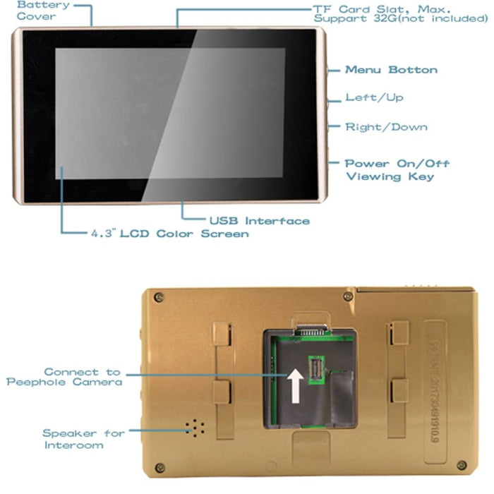 4.3 Inch Lcd Colour Screen Digital Door Eye Doorbell Electronic Peephole Door Camera Viewer Gold