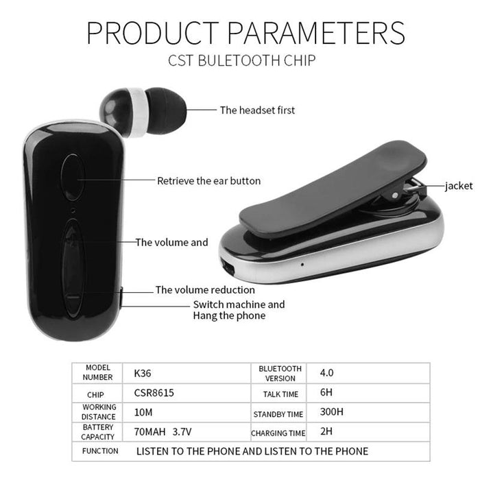 K36 Stereo Wireless Bluetooth Calls Remind Vibration Wear Clip Driver Auriculares Earphone