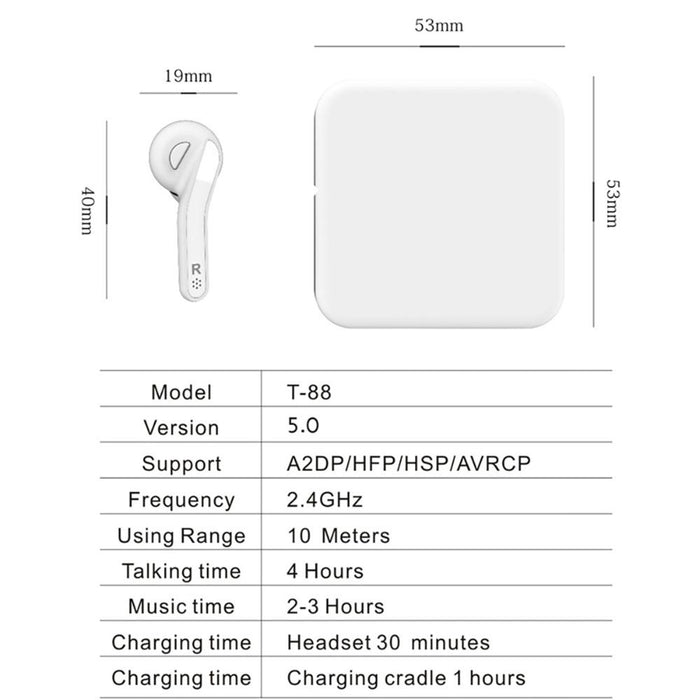 T88 Mini Touch Control Hifi Wireless Bluetooth Earphones Tws Wireless Earbuds With Charger Box