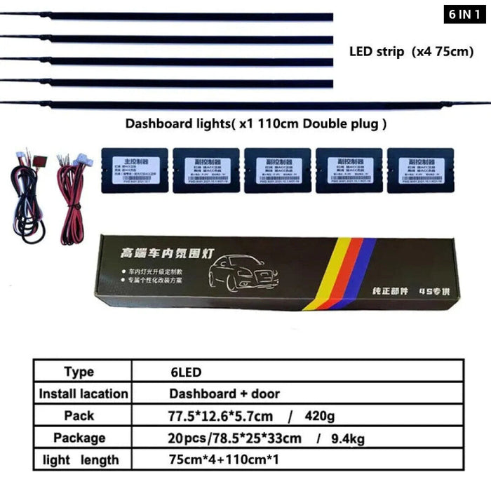 6 In 1 Car Interior Fiber Strip With 18 Backlight Rgb Lights