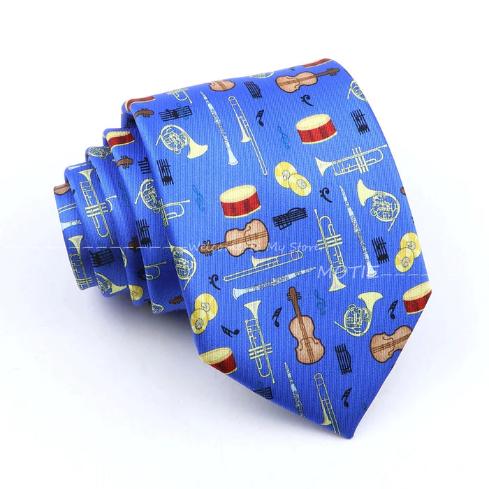 Musical Geometry Necktie Mens Blue Polyester Tie For Business And Party Wear