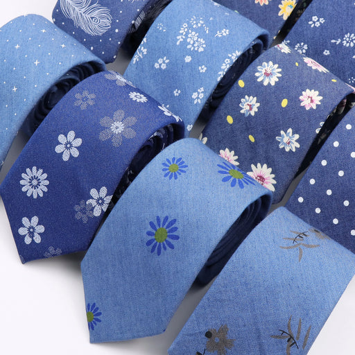 Classic Denim Floral Tie 7cm Skinny Cotton Feather Dot Mens