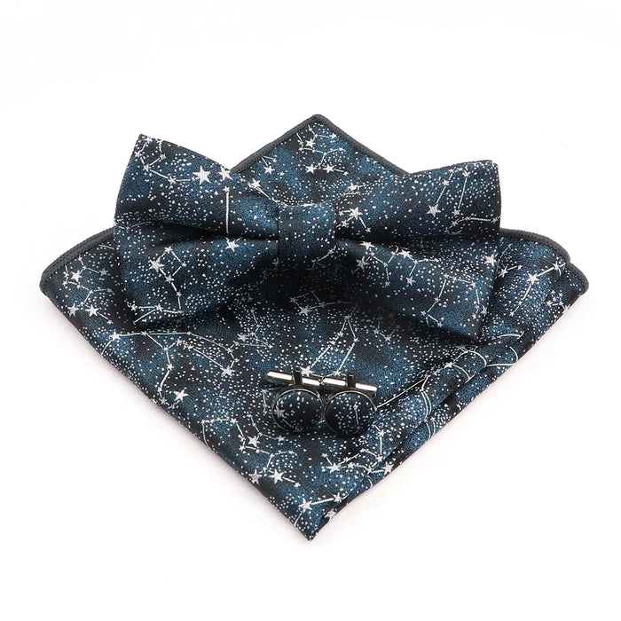 Blue Floral Pocket Square Set Bowtie Cufflink Brooch For Weddings