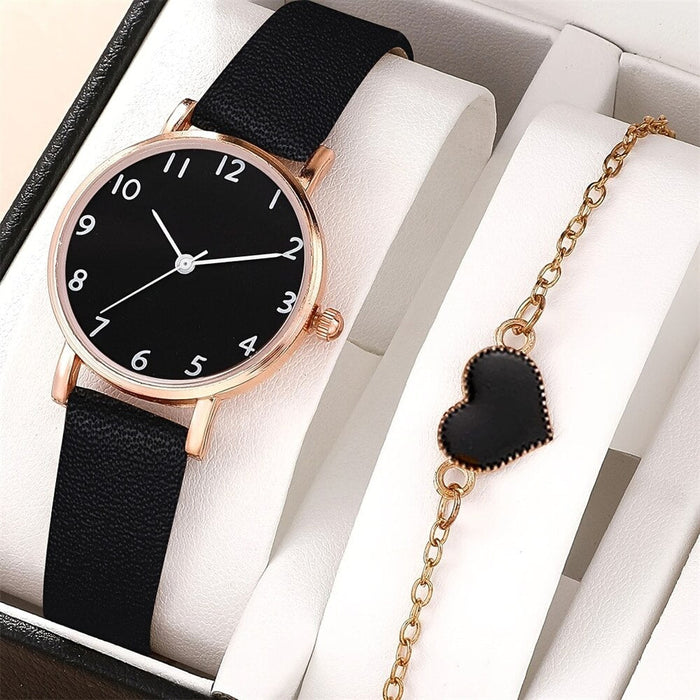 2Pcs Set Watch Women Fashion Casual Leather Belt Watches Simple Ladies Round Dial Quartz Wristwatches Dress Clock