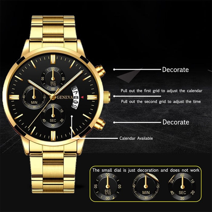 Fashion Men Gold Stainless Steel Watch Luxury Calendar Quartz Wrist Watch Mens Business Watches for Man Clock