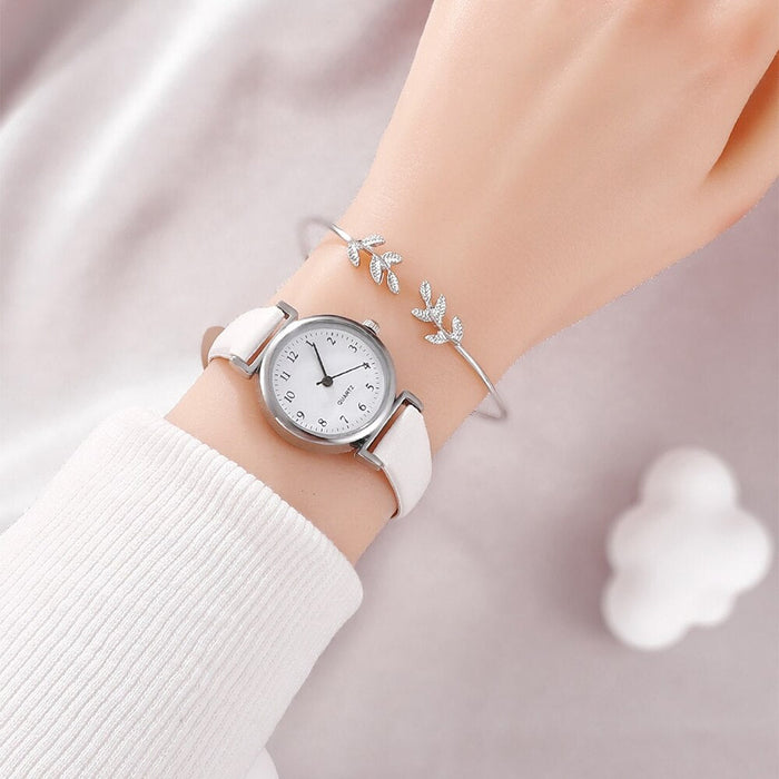 Bracelet Quartz Watch Women Set White Dial Simple Leather