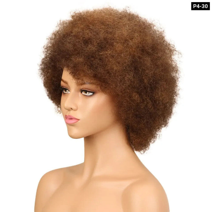 Short Afro Kinky Curly Human Hair Wig With Thick Bangs