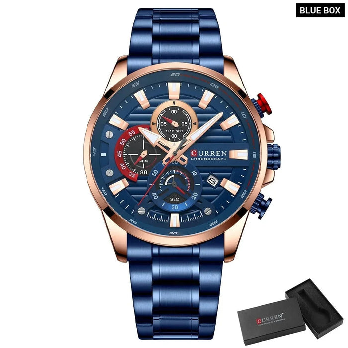 Blue Multi Function Quartz Watches Sport Stainless Steel Band Wristwatches For Men With Luminous Hands