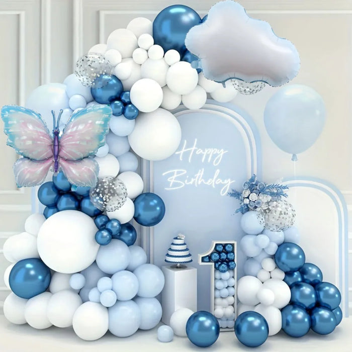 122Pcs Blue Balloon Wreath Arch Kit White Cloud And Butterfly Aluminum Film For Wedding Birthday Anniversary Decoration