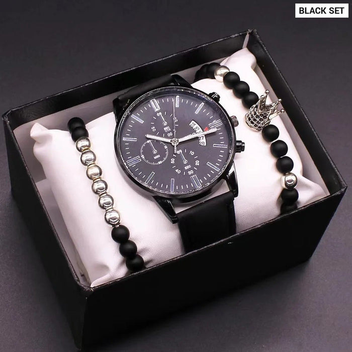 Mens Bracelet Leather Quartz Wrist Watch Set With Bracelets