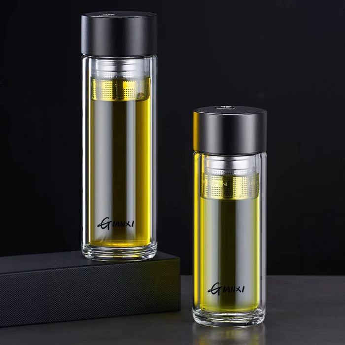 Portable Glass Water Bottle With Tea Strainer And Magnetic Lid
