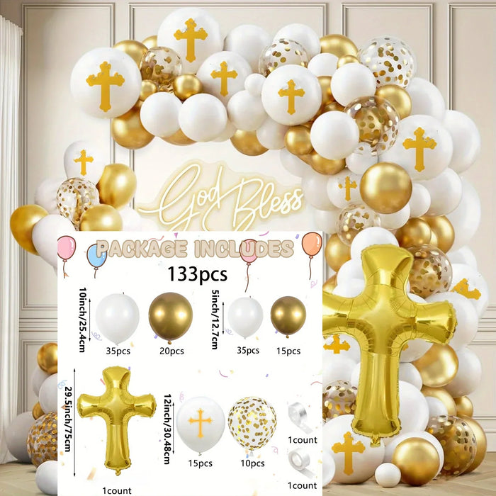 133Pcs First Communion Balloon Garland Arch Set Gold Cross Aluminum Film Balloon For Communion Background Baptismal Decoration