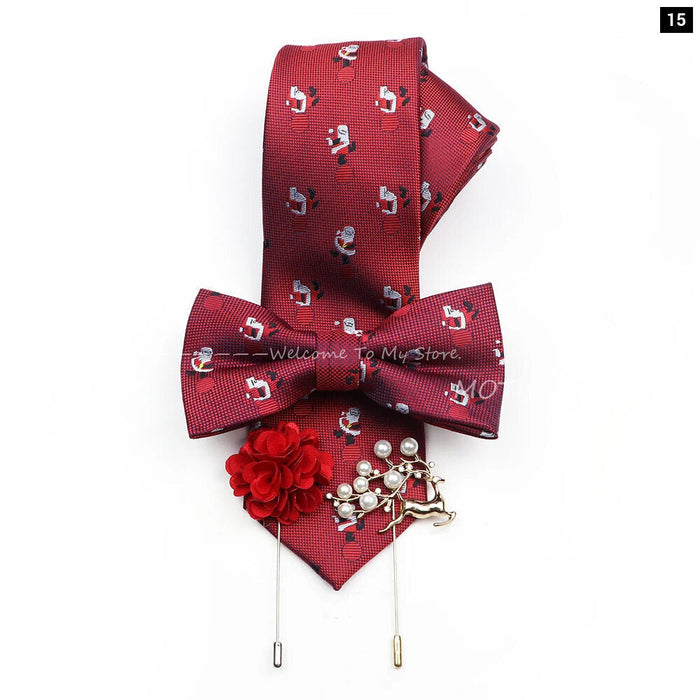 Christmas Tie Set Red Snowflake Bowtie And Brooches For Parties And Gifts