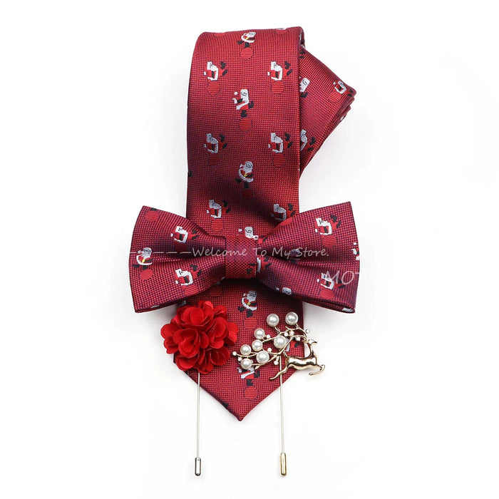 Christmas Tie Set Red Snowflake Bowtie And Brooches For Parties And Gifts