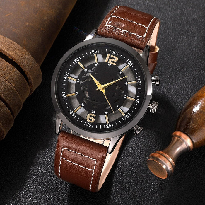 Hollow Out Men Watch Luxury Bracelet Set Fashion Business Brown Leather Quartz Wrist Watches for Men