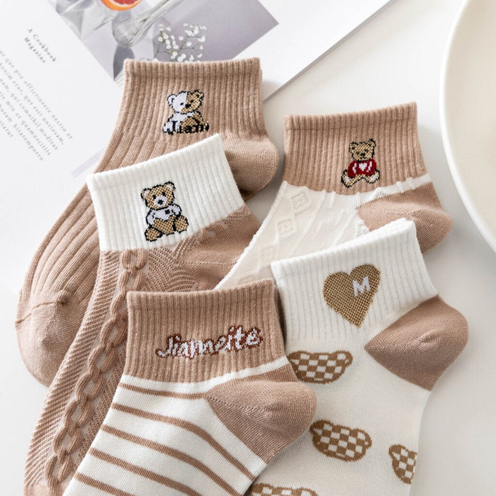 5 Pairs Women Elegant Socks Retro Polyester Cotton Low Tube Girl Breathable Japanese Style Casual Stockings