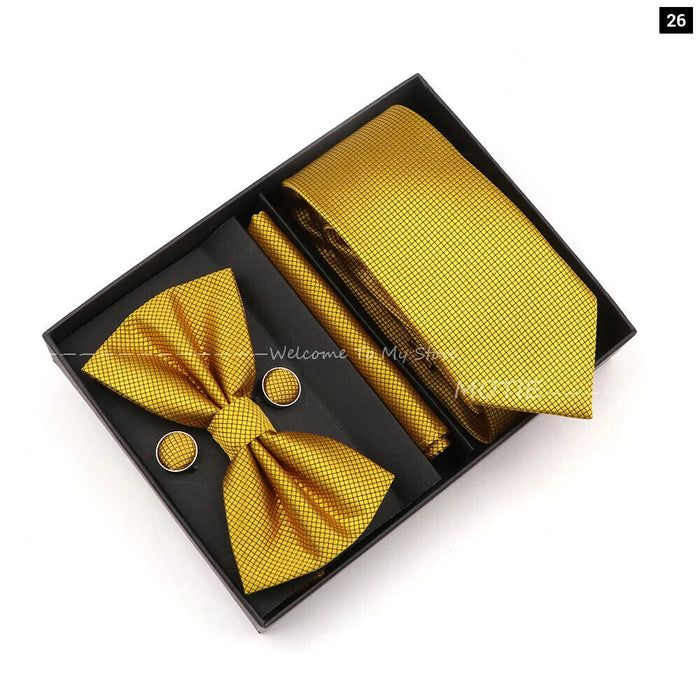 Premium Striped Tie Set Box Necktie Bowtie Handkerchief Cufflinks For Weddings And Suits