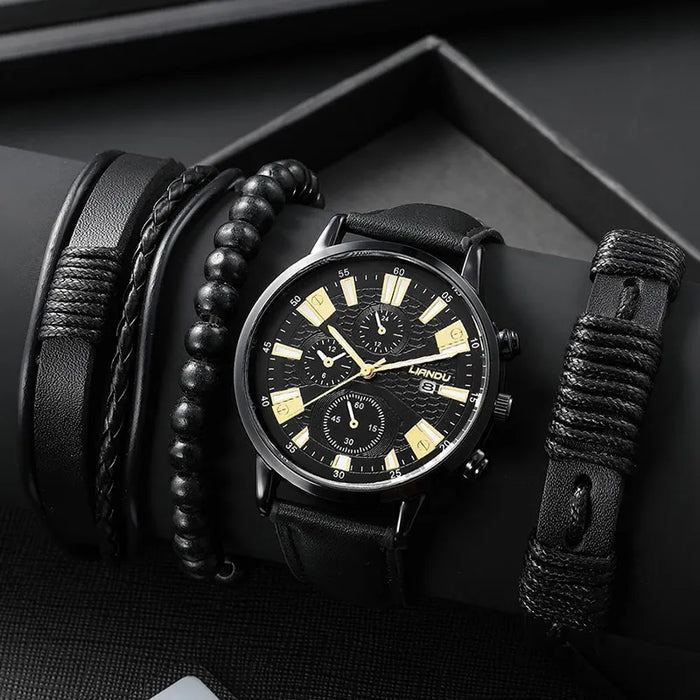 4pcs Black Round Quartz Watch With Pu Leather Bracelet Men