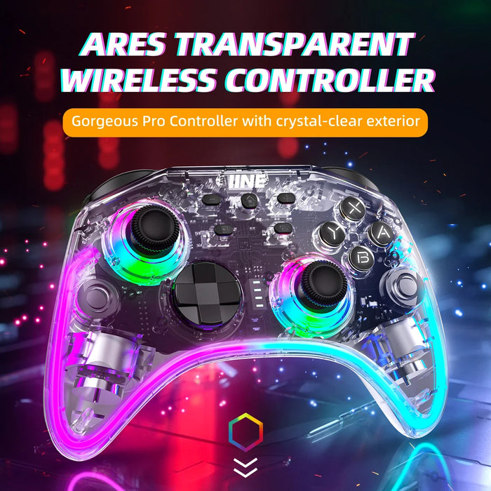 Ares Transparent Wireless Controller With Headset Jack Rgb Light Compatible Nintendo Switch Steam