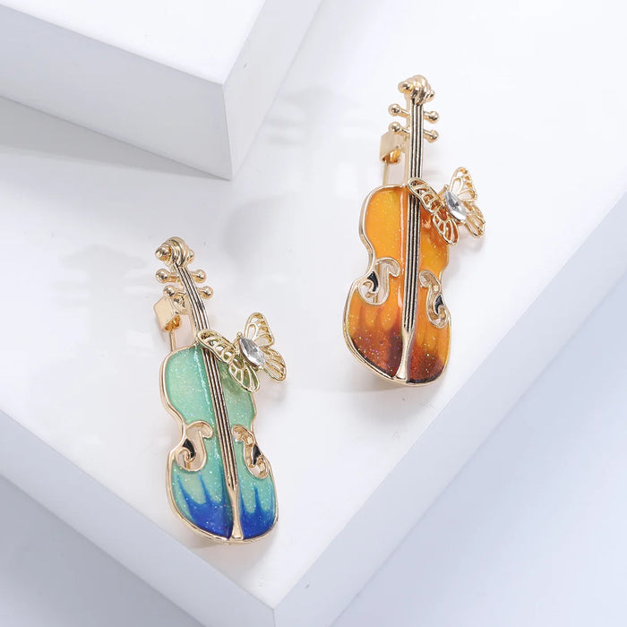 Charming Enamel Violin Brooch Pin With Butterfly Womens Fashion Accessory