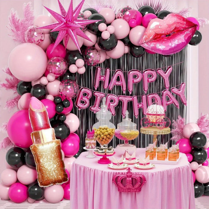 136Pcs Valentine'S Day Pink And Black Theme Birthday Balloon Set Suitable For Birthday Valentine'S Day Engagement Decoration