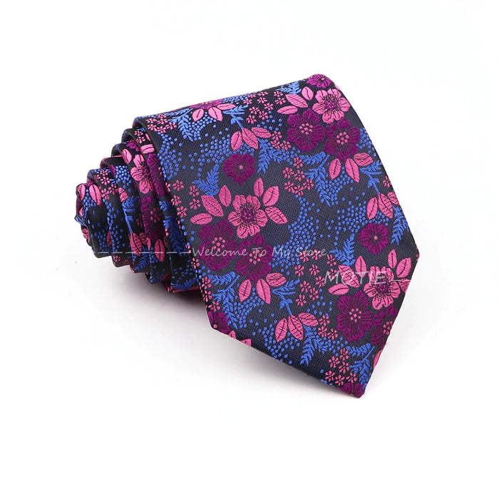 Floral Polyester Printed Necktie Purple Blue For Weddings