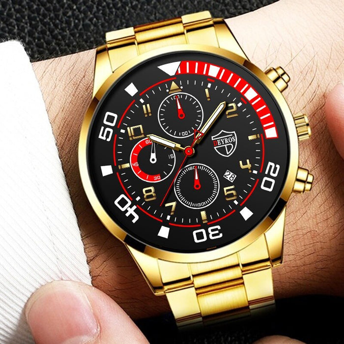 3PCS Set Fashion Mens Calendar Watches Male Casual Stainless Steel Quartz Watch Men Necklace Bracelet Wristwatch