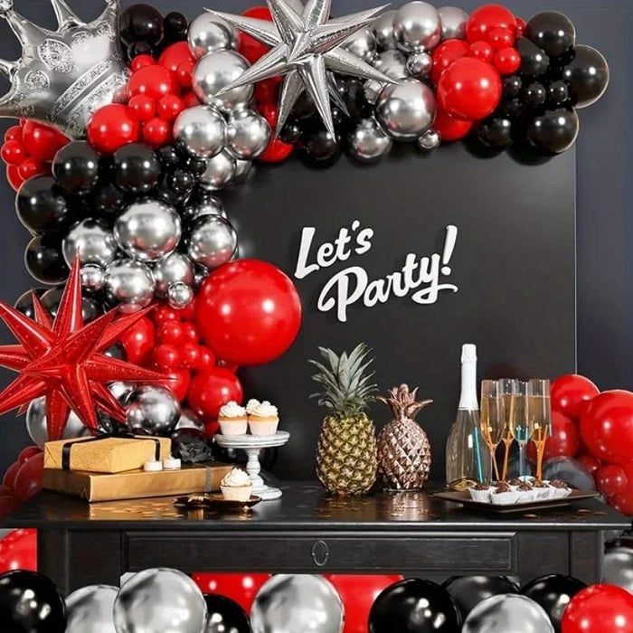 138Pcs Crown Balloon Arch Set - Red Black Silver Balloon Explosion Star Crown-For Weddings Birthdays Balls And Other Events