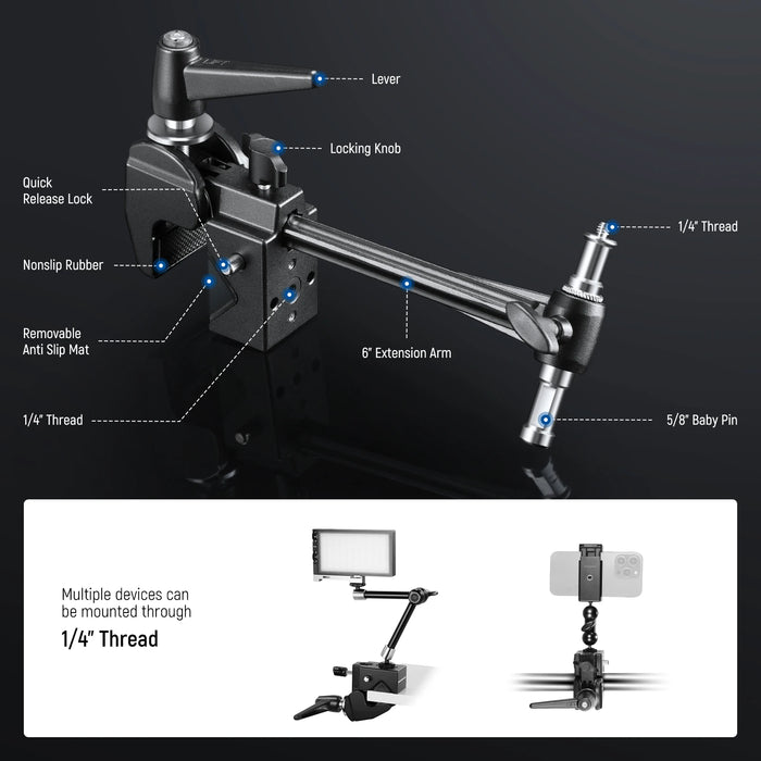 6 Extension Arm Super Clamp For Round Pipe And Flat Surfaces Heavy Duty Crab Pole Clamp With 5/8 Stud And 2.4 Jaw Grip