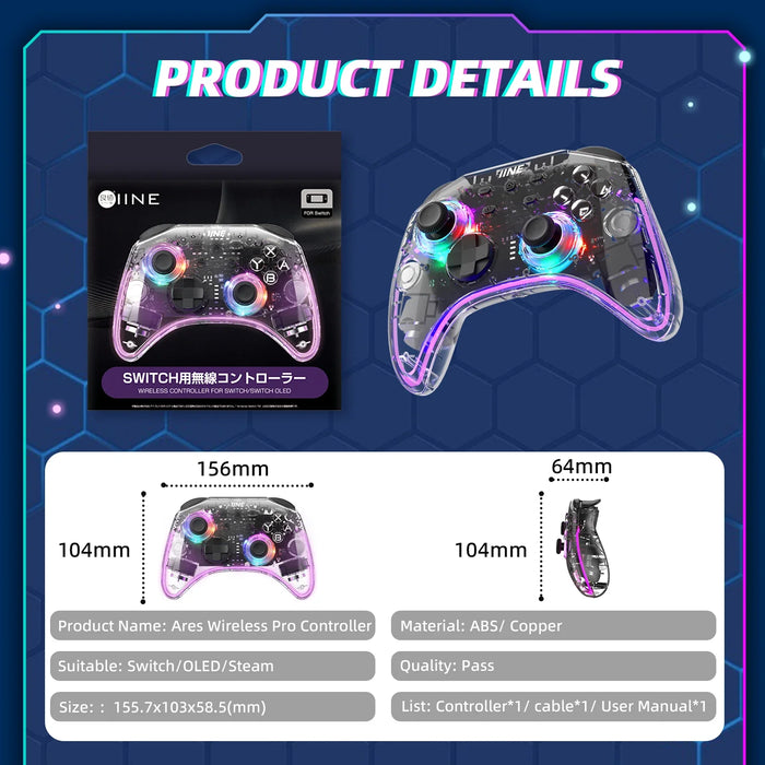 Ares Transparent Wireless Controller With Headset Jack Rgb Light Compatible Nintendo Switch Steam