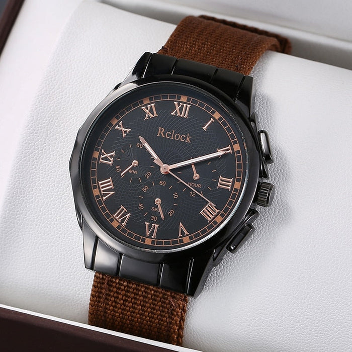 4pcs Brown Nylon Strap Quartz Watch With Bracelet For Men Casual Fashion Round Watch In Daily Sport