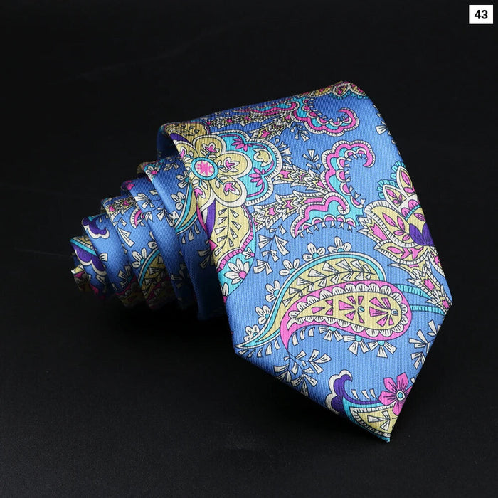 Mens Silk Tie 7.5Cm Blue Paisley Floral For Weddings And Work