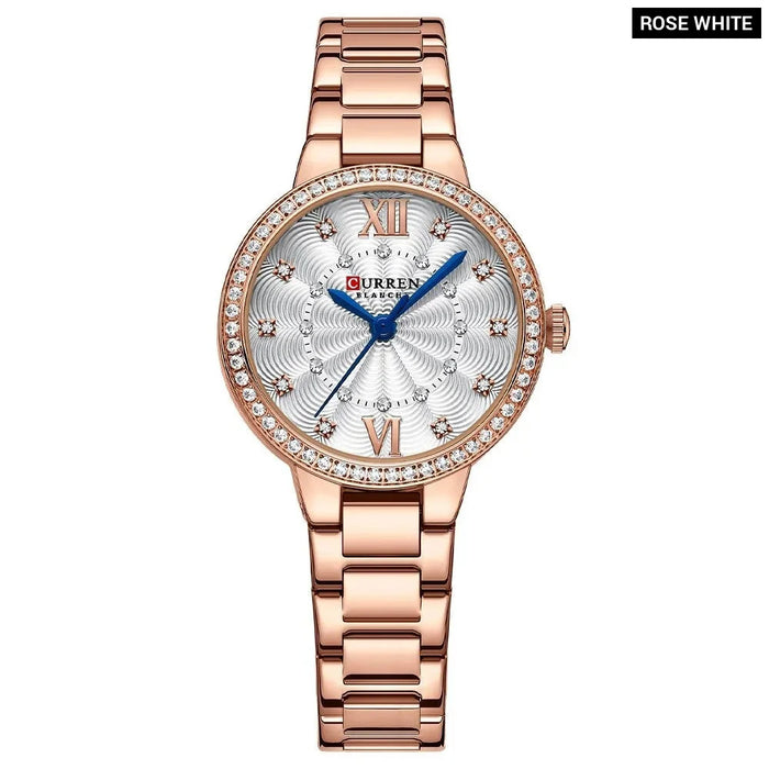 Quartz Wristwatches For Women Rhinestones Rose Dial Fashion Watches With Stainless Steel