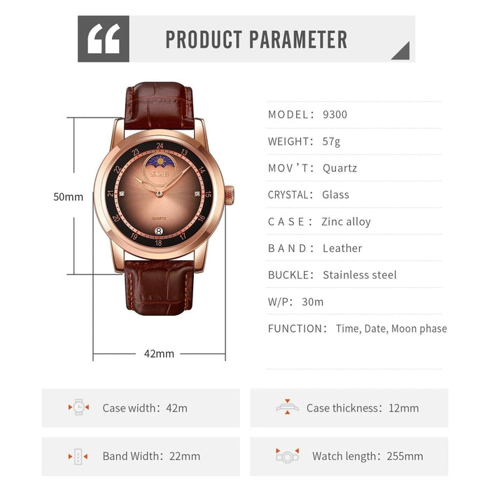 Men's PU Band Leather Analog Display Quartz 3ATM 30M Water Resistant Rose Gold Wristwatch