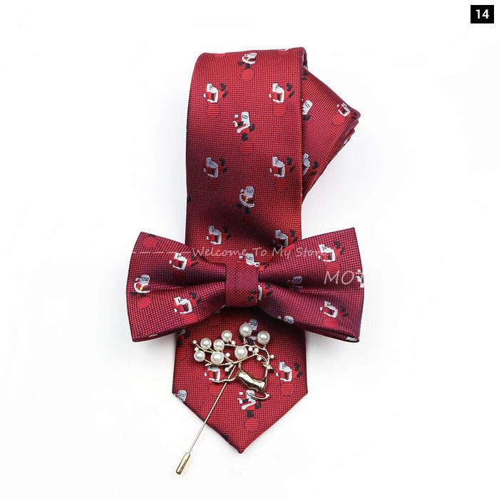 Christmas Tie Set Red Snowflake Bowtie And Brooches For Parties And Gifts