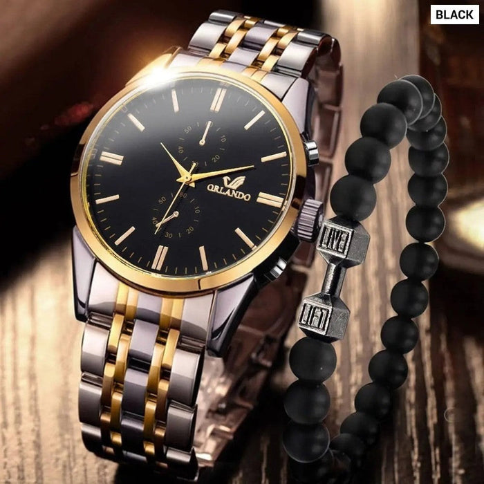 2PCs Fashion Business Big Dial Men's Room Gold Steel Band Quartz Wristwatch with Dumbbell Bead String Bracelet Set